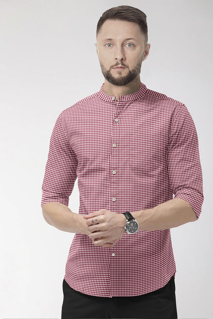 White and Maroon Gingham Checks Mandarin Collar Cotton Shirt