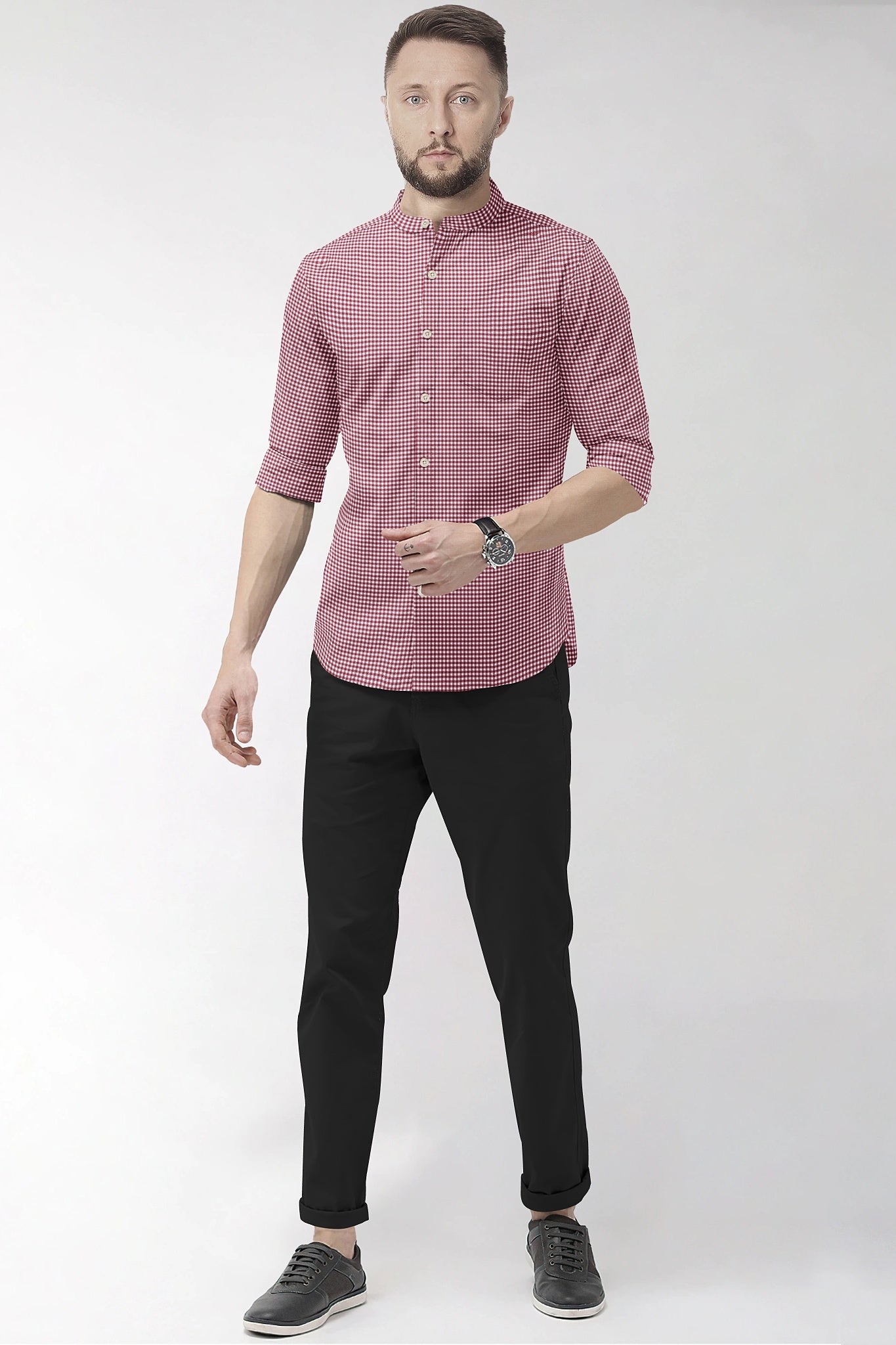 White and Maroon Gingham Checks Mandarin Collar Cotton Shirt