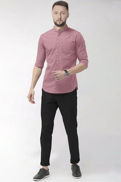 White and Maroon Gingham Checks Mandarin Collar Cotton Shirt
