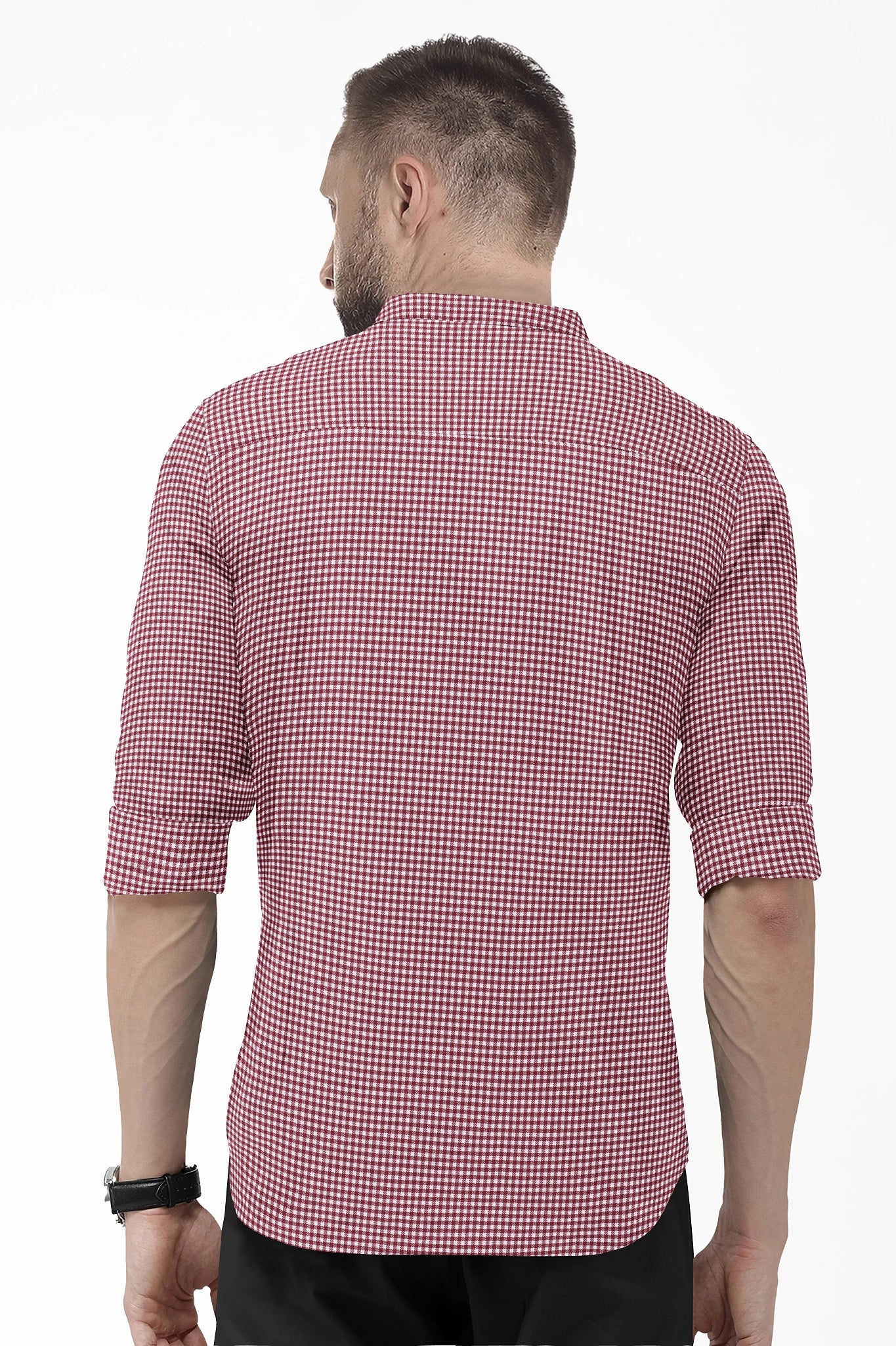 White and Maroon Gingham Checks Mandarin Collar Cotton Shirt