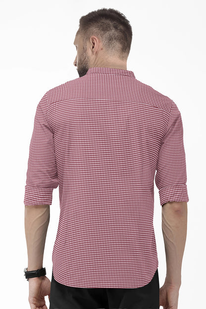 White and Maroon Gingham Checks Mandarin Collar Cotton Shirt
