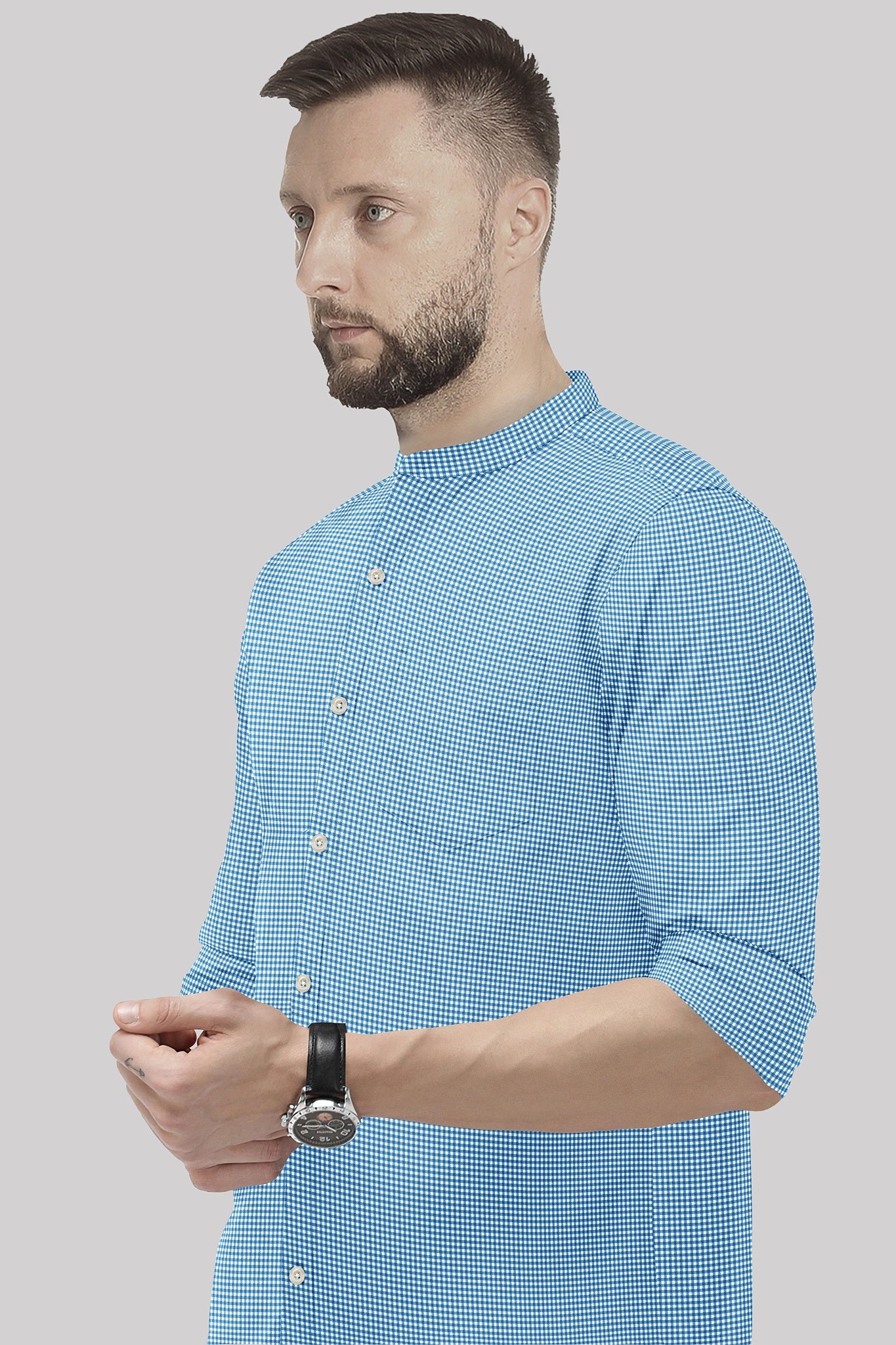 White and Brunnera Blue Gingham Checks Mandarin Collar Cotton Shirt