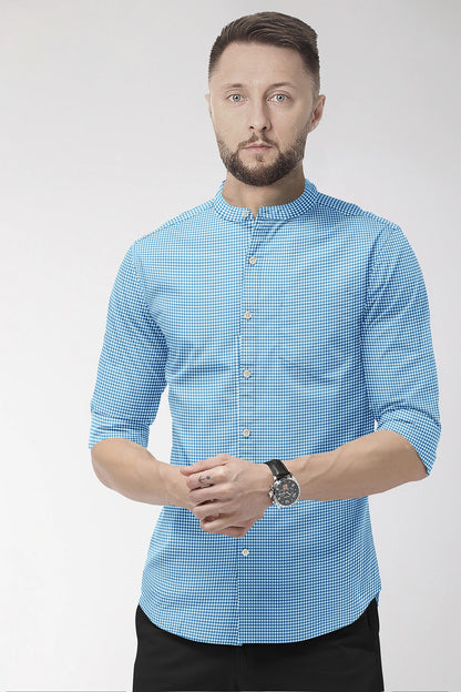 White and Brunnera Blue Gingham Checks Mandarin Collar Cotton Shirt