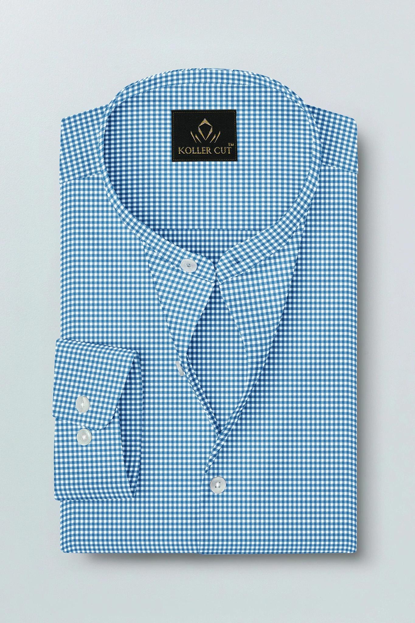 White and Brunnera Blue Gingham Checks Mandarin Collar Cotton Shirt