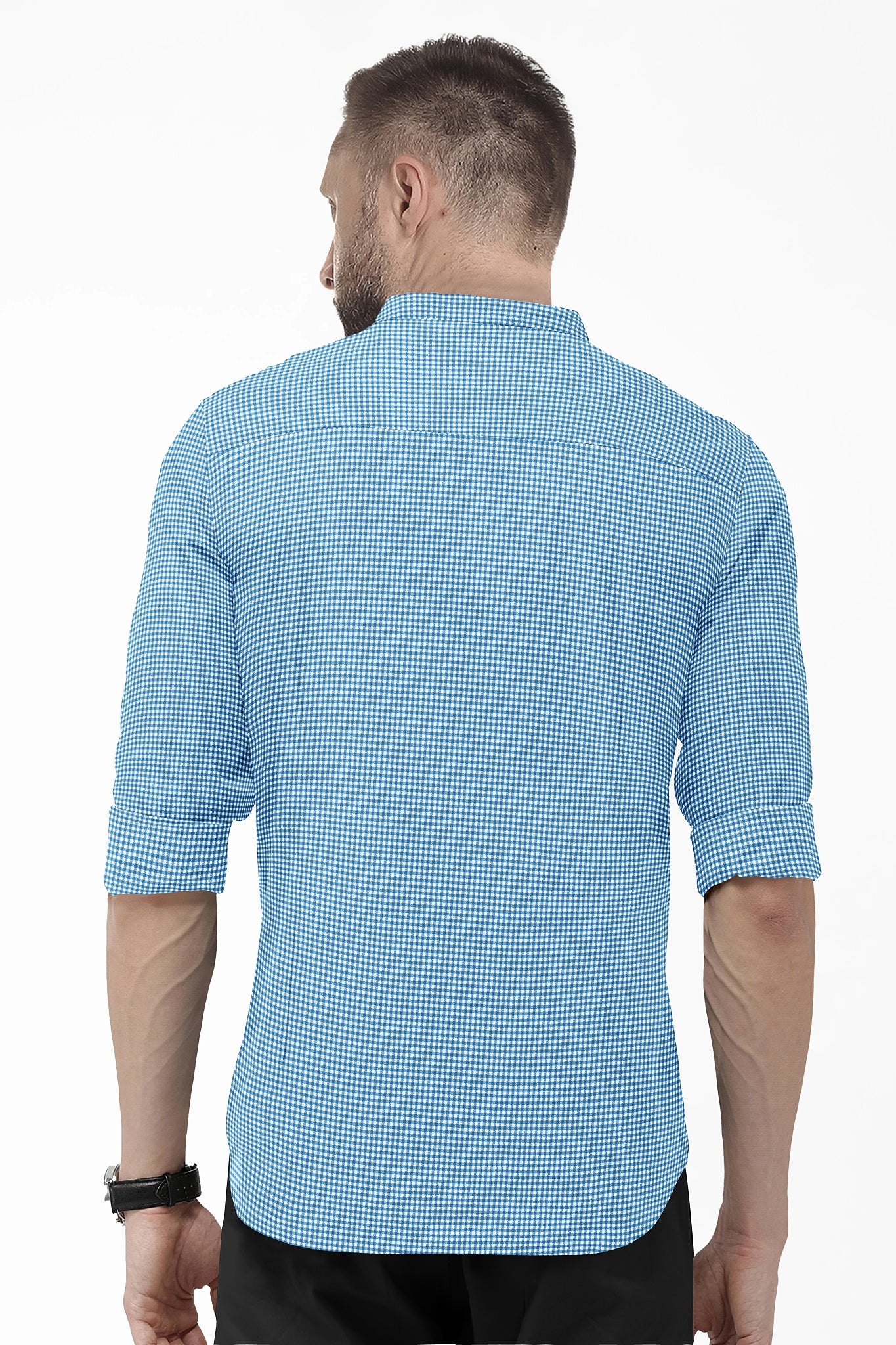 White and Brunnera Blue Gingham Checks Mandarin Collar Cotton Shirt