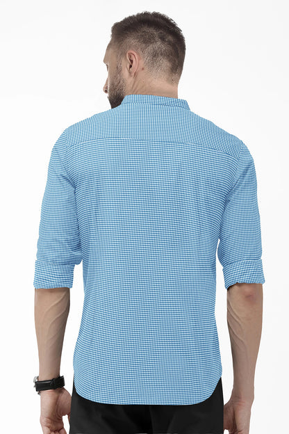 White and Brunnera Blue Gingham Checks Mandarin Collar Cotton Shirt