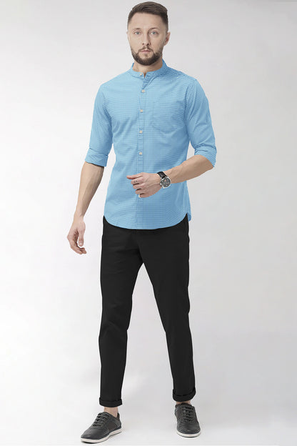 White and Brunnera Blue Gingham Checks Mandarin Collar Cotton Shirt