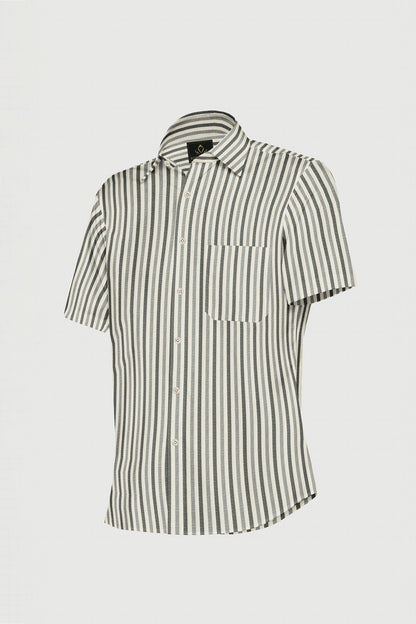 Beige with Cilantro Green and Titanium Gray Multi track Stripes Cotton Linen Shirt