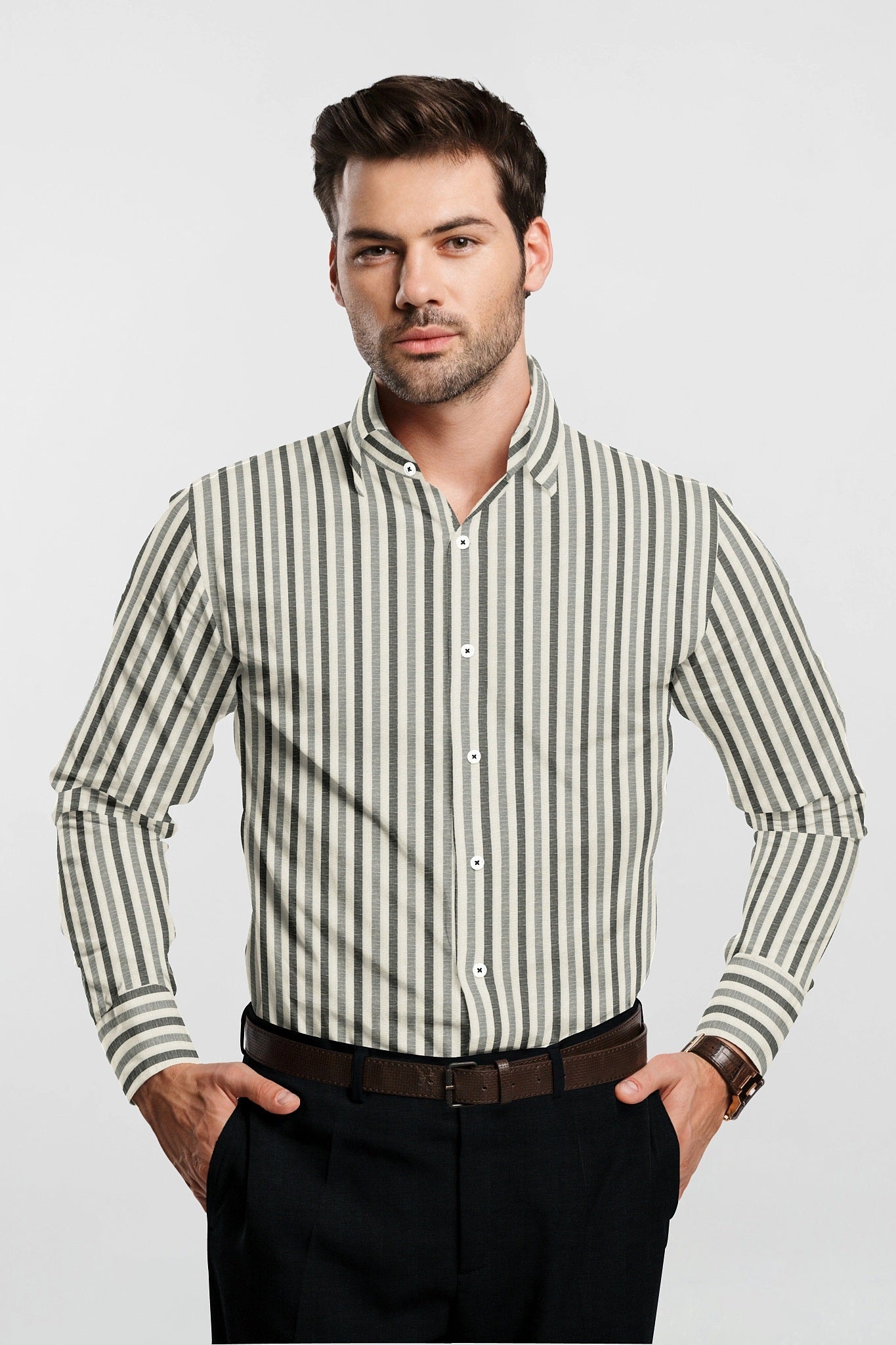 Beige with Cilantro Green and Titanium Gray Multi track Stripes Cotton Linen Shirt