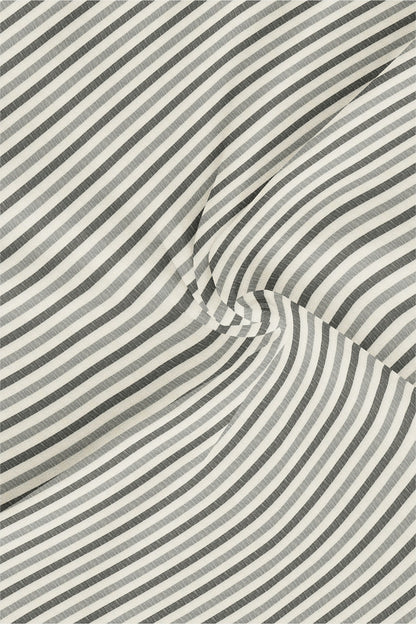 Beige with Cilantro Green and Titanium Gray Multitrack Stripes Mandarin Collar Cotton Linen Shirt