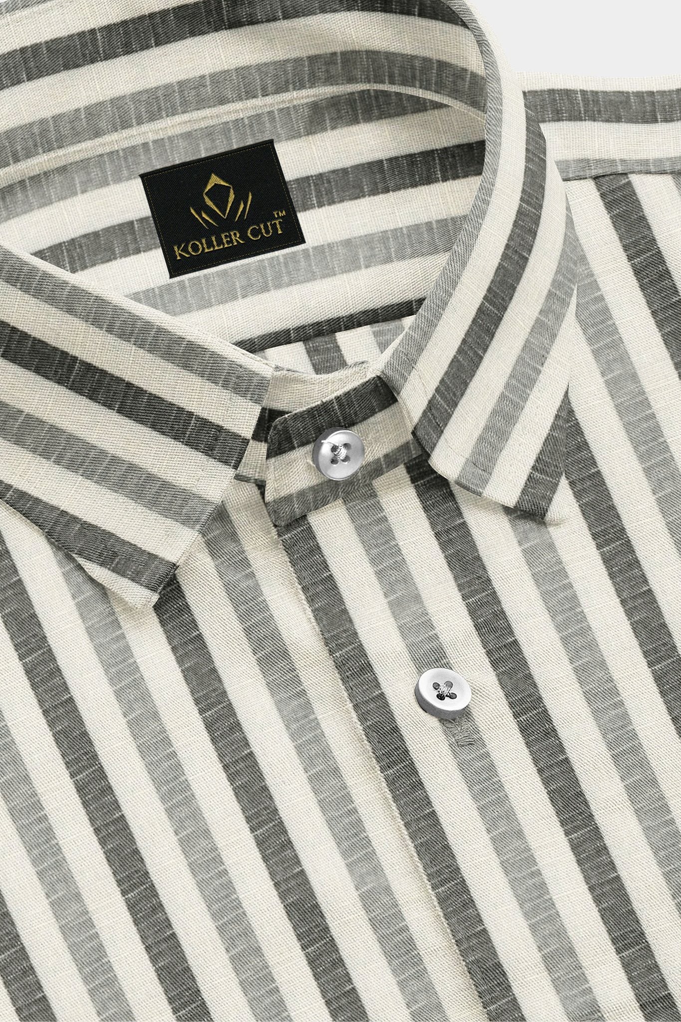 Beige with Cilantro Green and Titanium Gray Multi track Stripes Cotton Linen Shirt