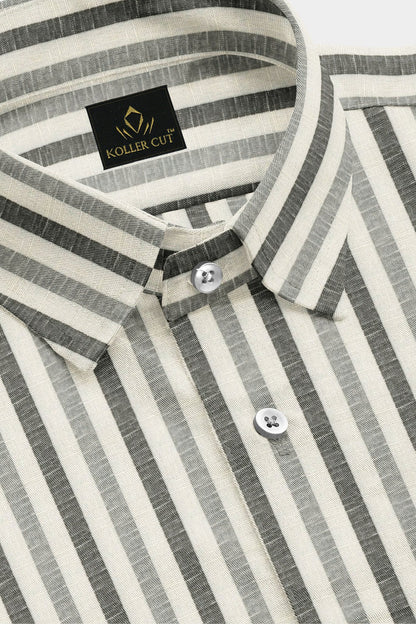 Beige with Cilantro Green and Titanium Gray Multi track Stripes Cotton Linen Shirt