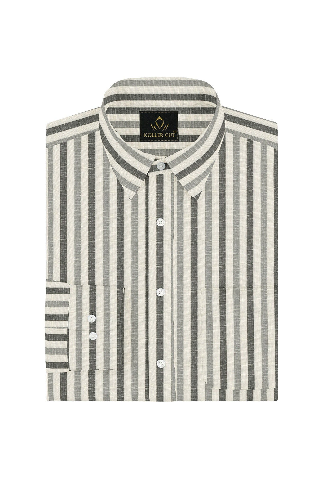 Beige with Cilantro Green and Titanium Gray Multi track Stripes Cotton Linen Shirt