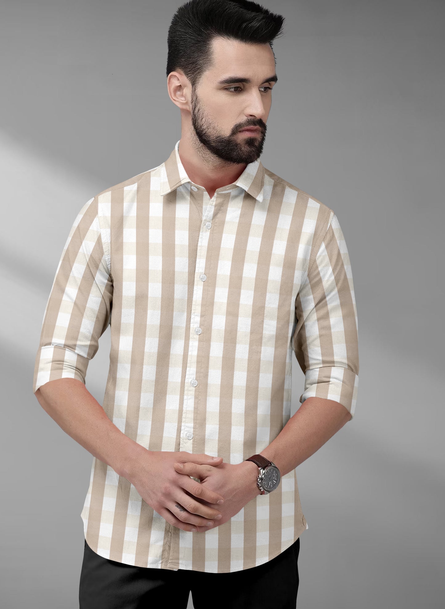 White with Beige and Fawn Checks 
Formal Cotton Shirt in india