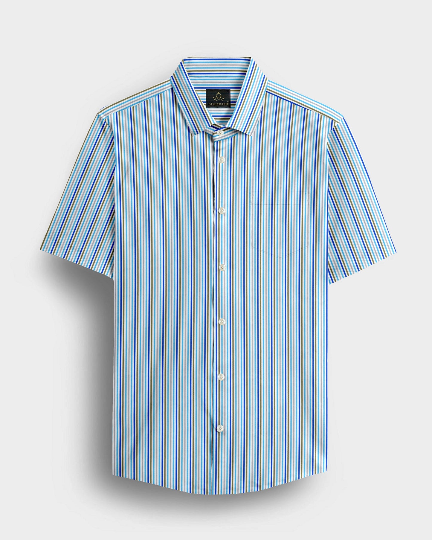 White with Cloisonne Blue and basil Green Multicolored Multitrack Stripes Cotton Shirt