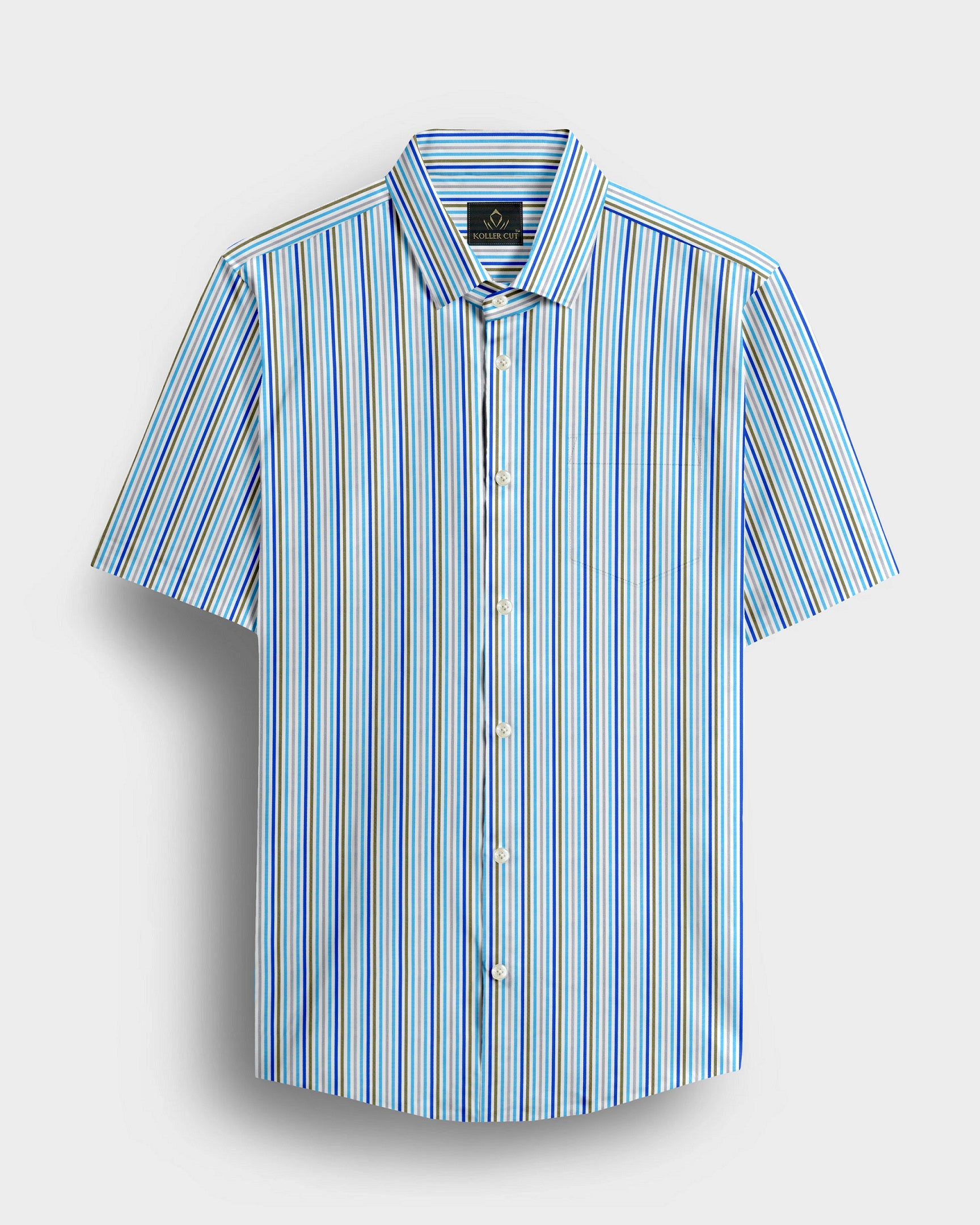 White with Cloisonne Blue and basil Green Multicolored Multitrack Stripes Cotton Shirt