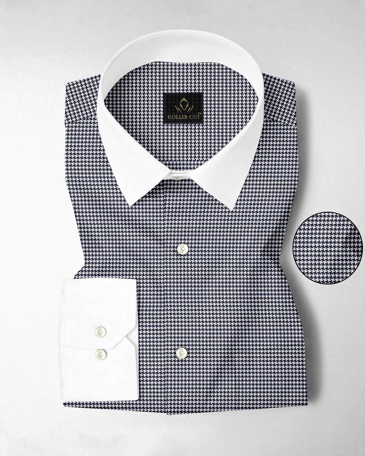 Jet Black and White Hounds Tooth Checks Designer Cotton Shirt
