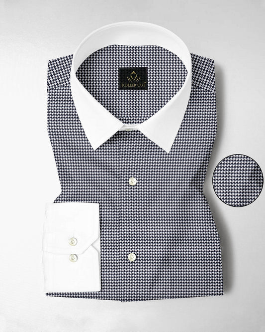 Jet Black and White Hounds Tooth Checks Designer Cotton Shirt