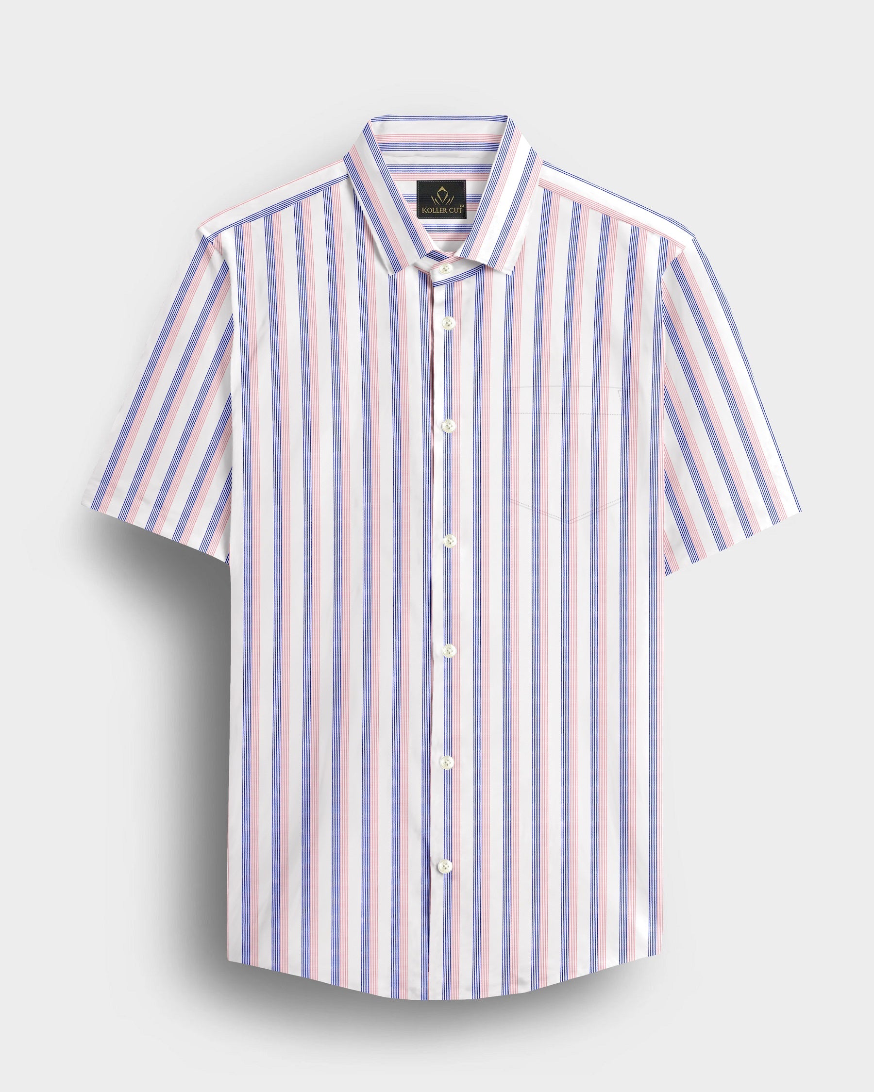White with Coral Pink and Limoges Blue Pinstripes Cotton Shirt