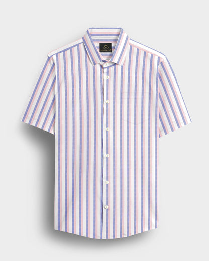White with Coral Pink and Limoges Blue Pinstripes Cotton Shirt
