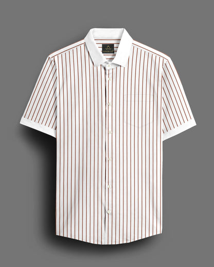 White and Copper Brown Stripes Designer Cotton Shirt