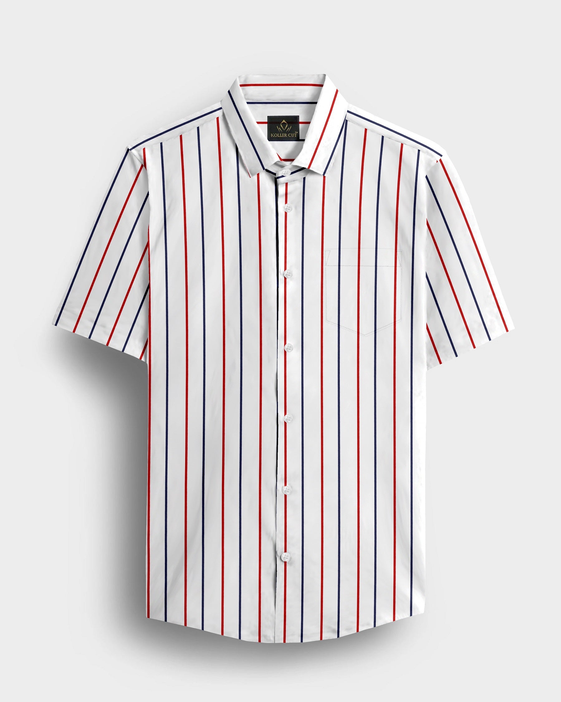 White with Scarlet Red and Navy Stripes Cotton Shirt