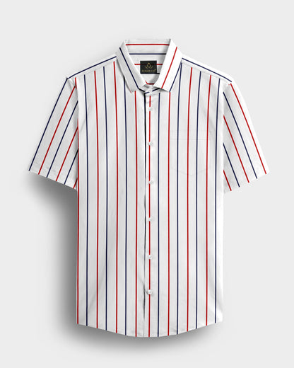 White with Scarlet Red and Navy Stripes Cotton Shirt