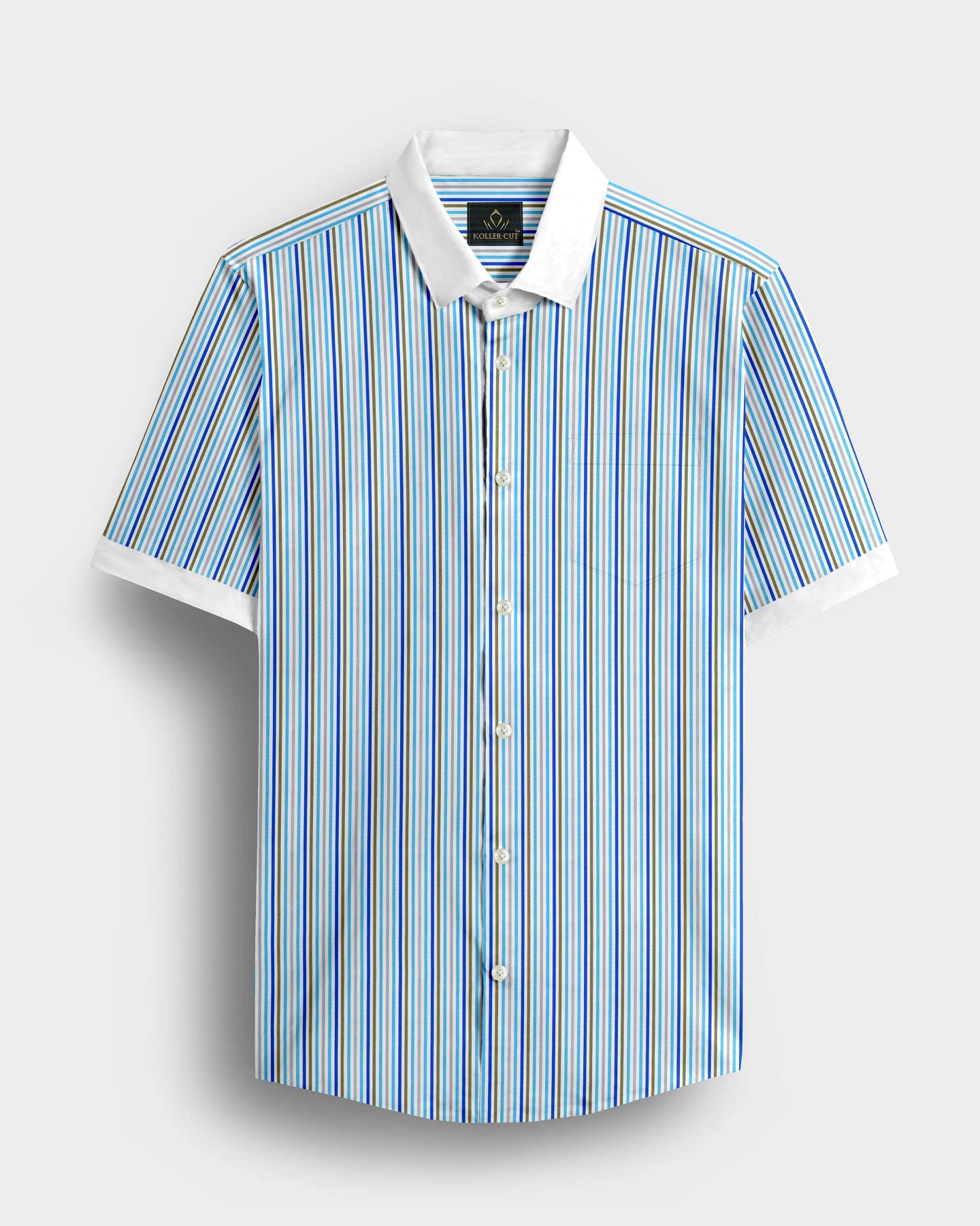 White with Cloisonne Blue and Basil Green Multicolored Multitrack Stripes Designer Cotton Shirt (Copy)