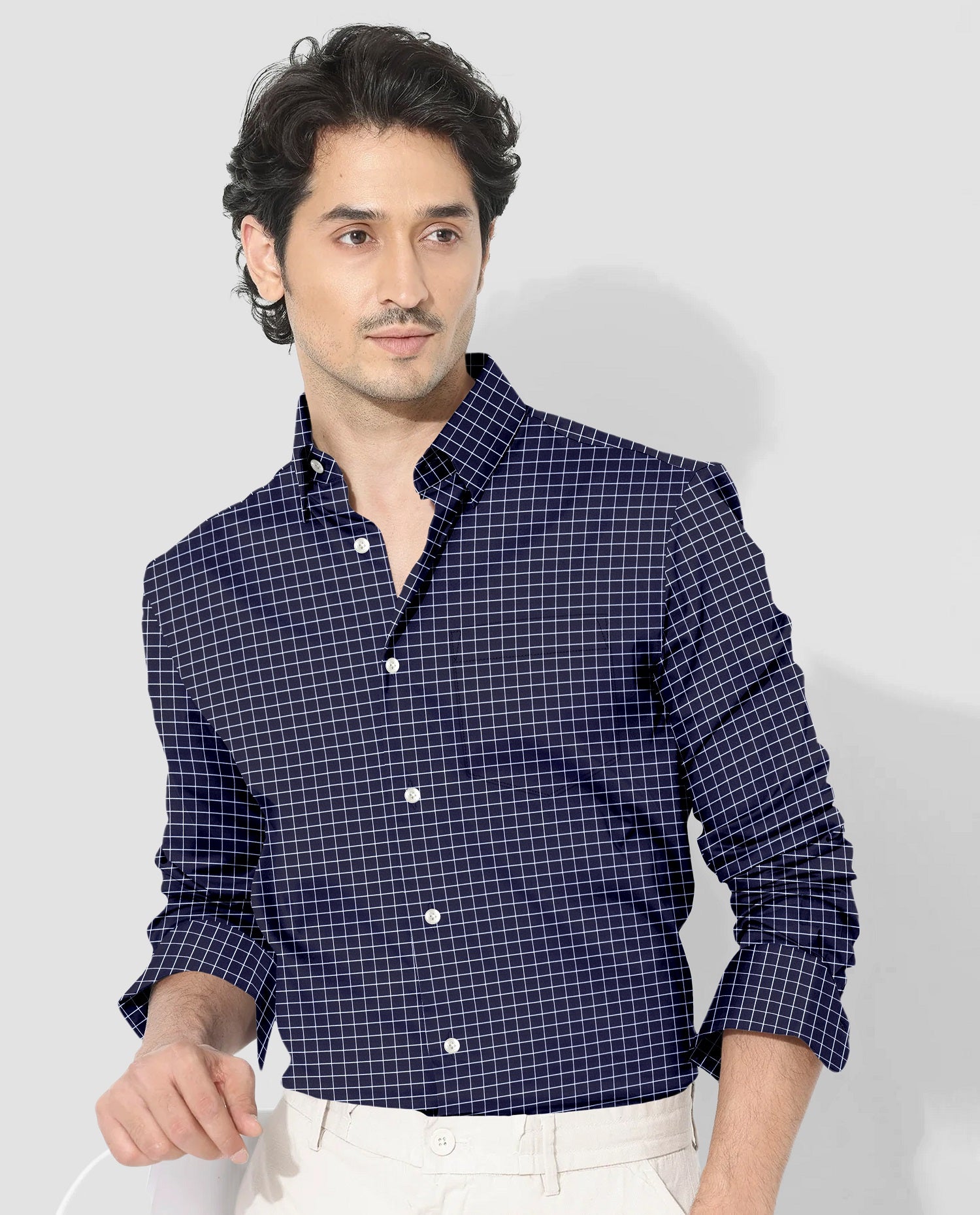 Monaco Blue and Snow White Checks Cotton Shirt