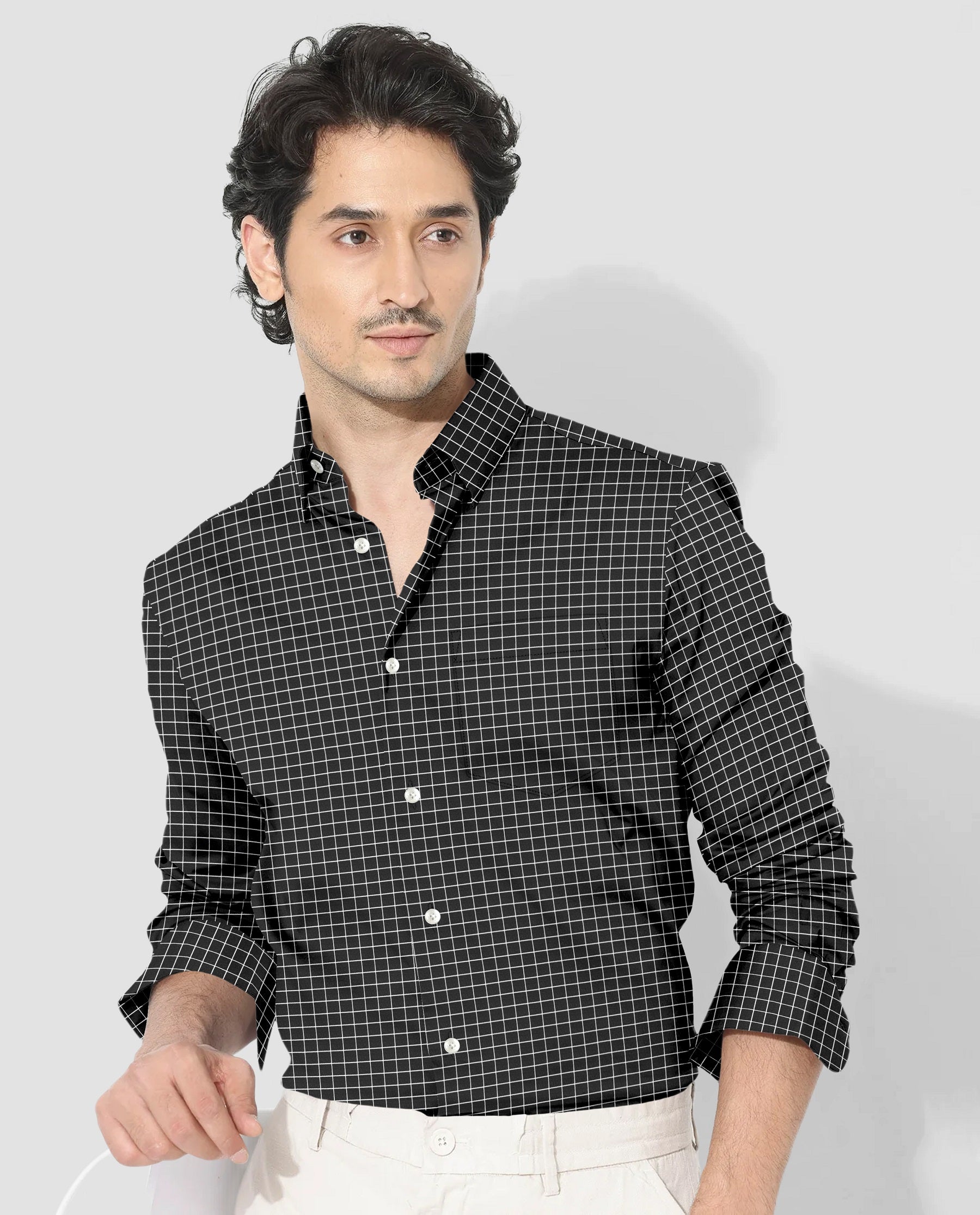 Crow Black and Snow White Checks Cotton Shirt