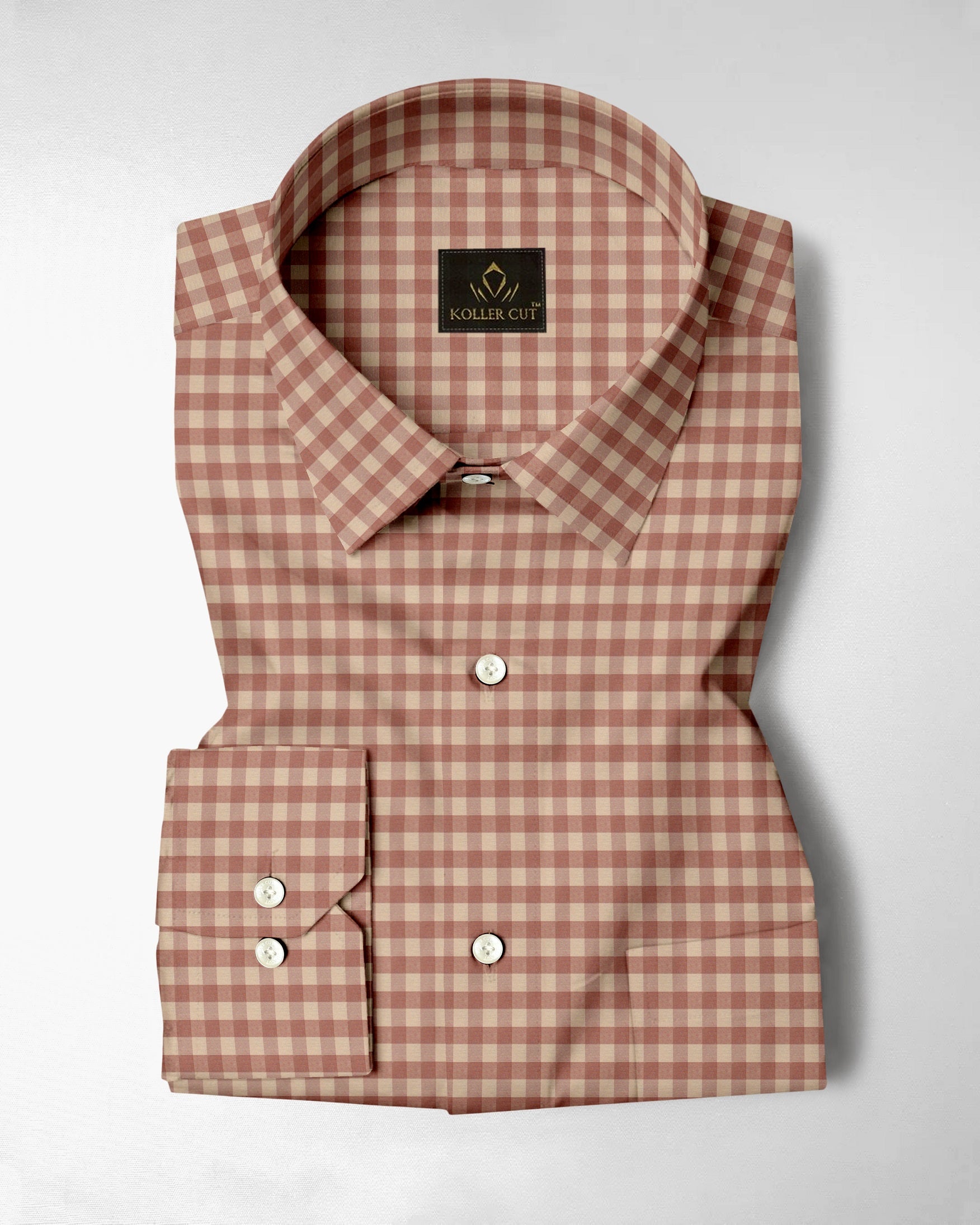 Beige and Peach Brown Gingham Checks 2 ply Cotton Shirt