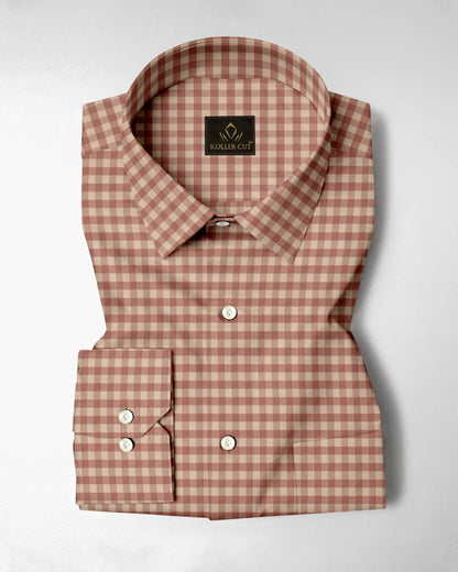 Beige and Peach Brown Gingham Checks 2 ply Cotton Shirt
