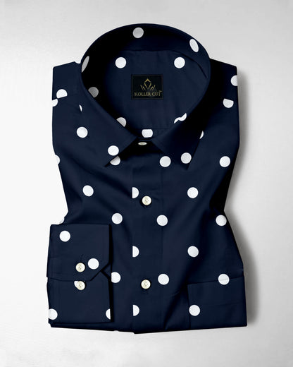 Moonlit Blue and Silk White Polka Dots Printed Cotton Shirt