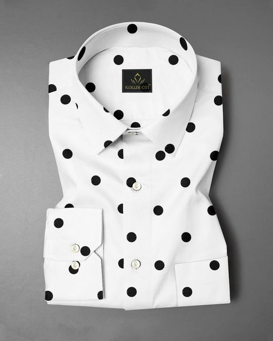 Wisteria White and Sable Black Polka Dots Printed Cotton Shirt
