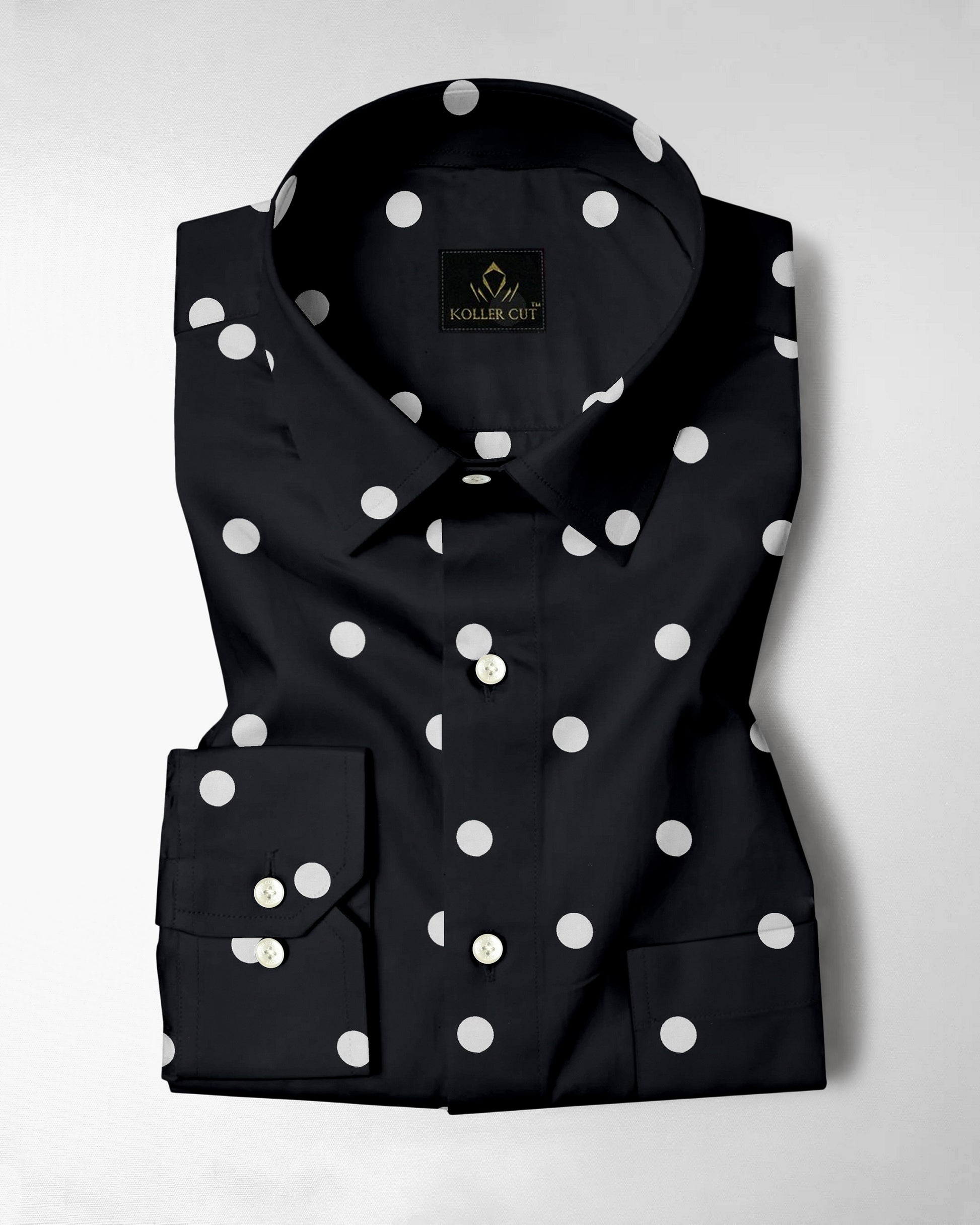 Cumin Black and Silk White Polka Dots Printed Cotton Shirt
