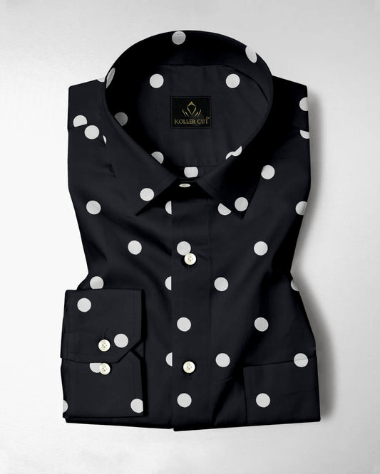 Cumin Black and Silk White Polka Dots Printed Cotton Shirt