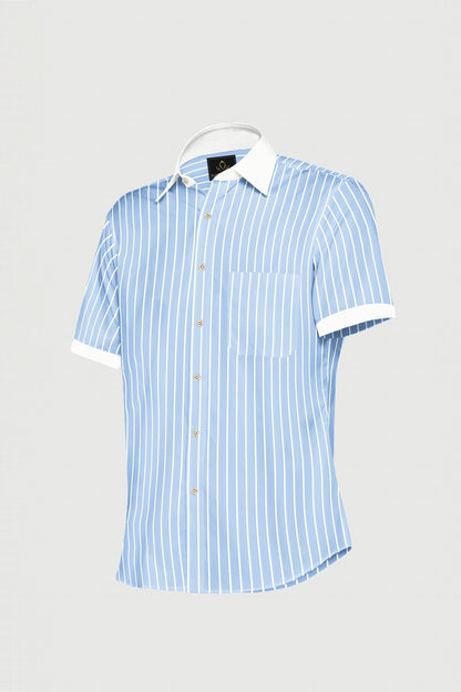 Blizzard Blue and White Wide Pinstripes Designer Cotton Linen Shirt