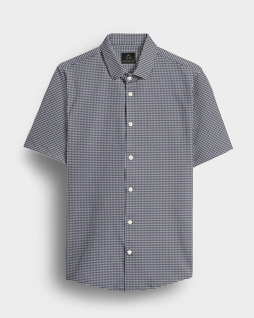 Jet Black and White Hounds Tooth Checks Cotton Shirt