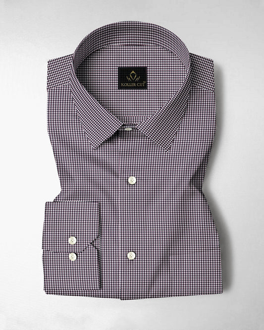 White with Obsidian Black and Garnet Red Hounds Tooth Checks 2 ply Giza Cotton Shirt