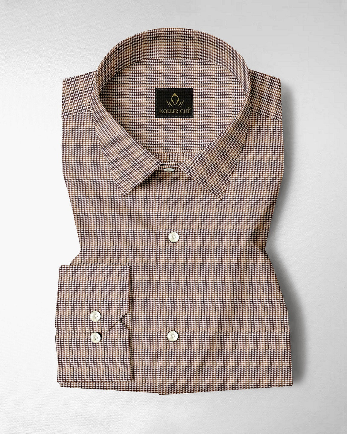 White with Wren Brown and Coffee Brown Hounds Tooth Checks 2 ply Giza Cotton Shirt