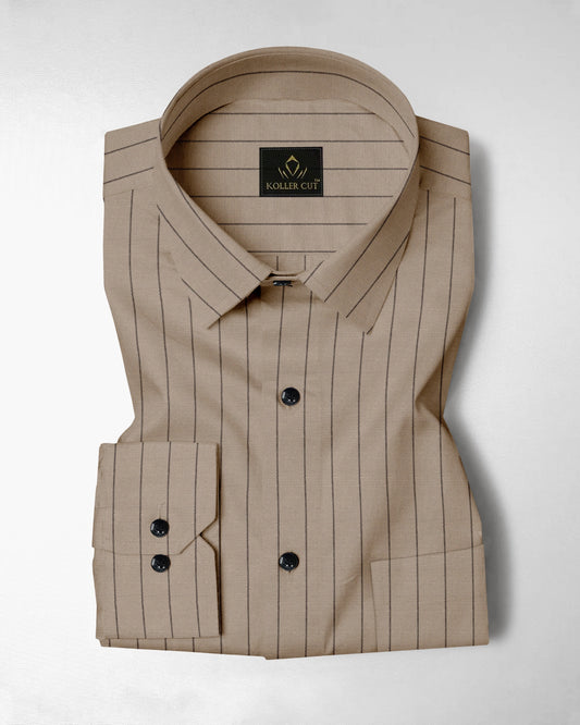 Seedpearl Beige and Raven Black Altered Broken Stripes Oxford Cotton Shirt