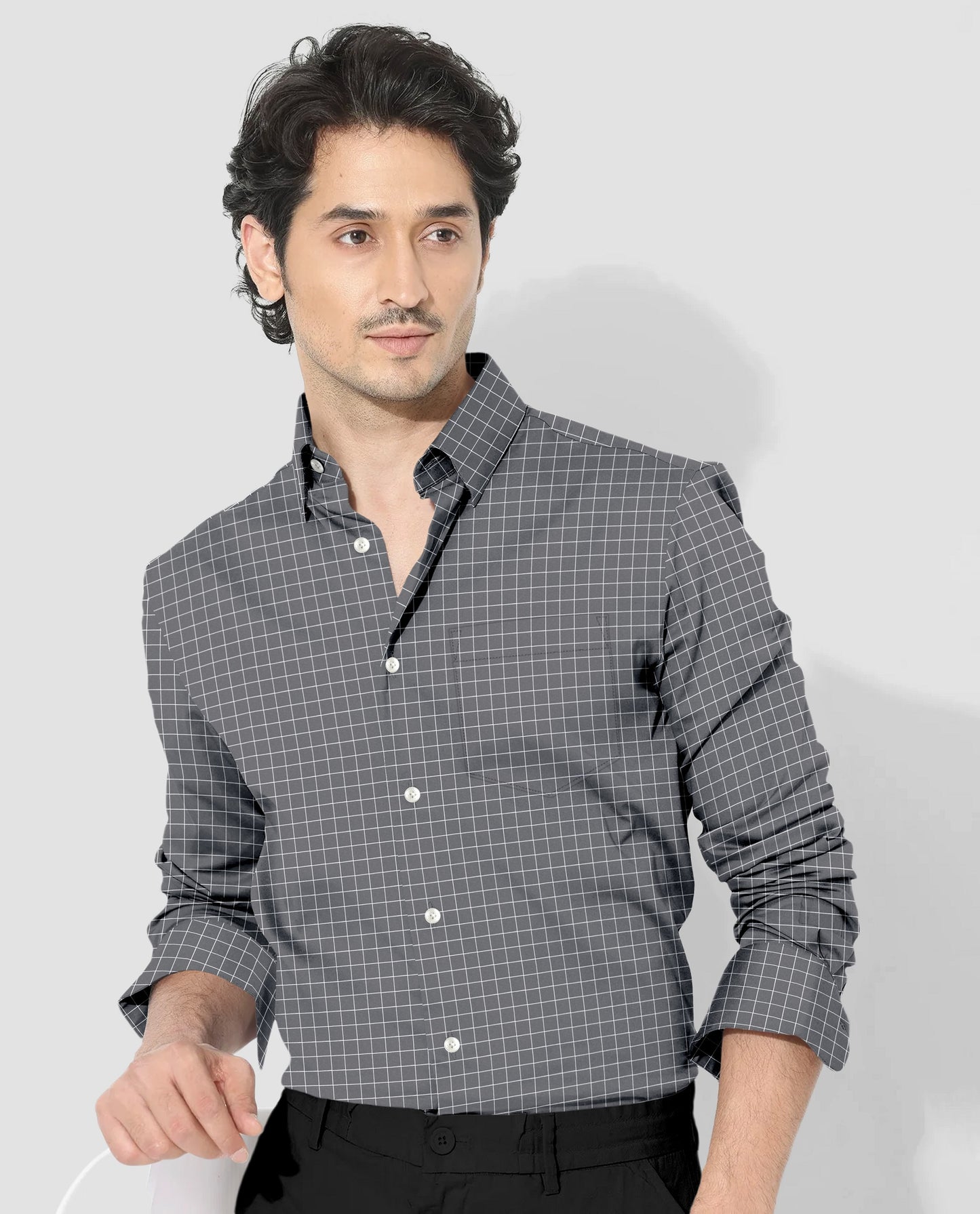Graphite Gray and Snow White Checks Cotton Shirt