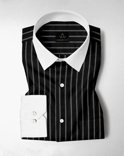 Opal Black and Flash White Chalk Stripes Oxford Designer Cotton Shirt
