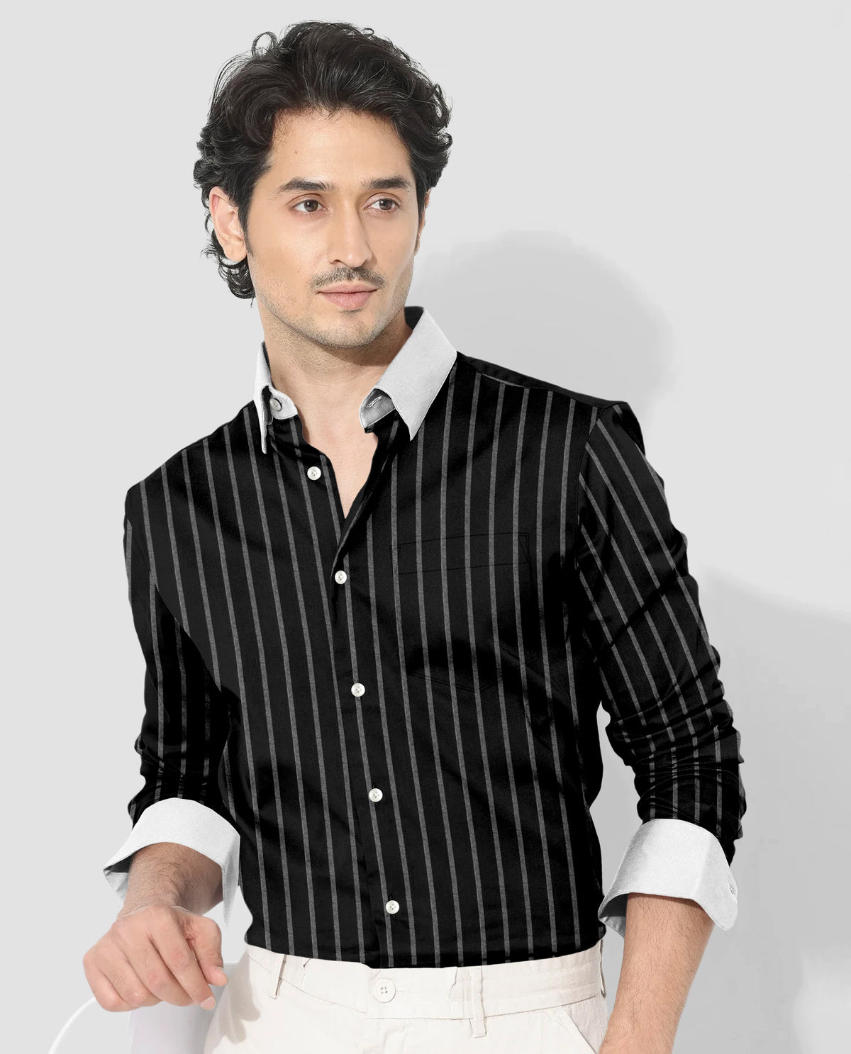Opal Black and Flash White Chalk Stripes Oxford Designer Cotton Shirt
