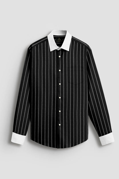 Opal Black and Flash White Chalk Stripes Oxford Designer Cotton Shirt