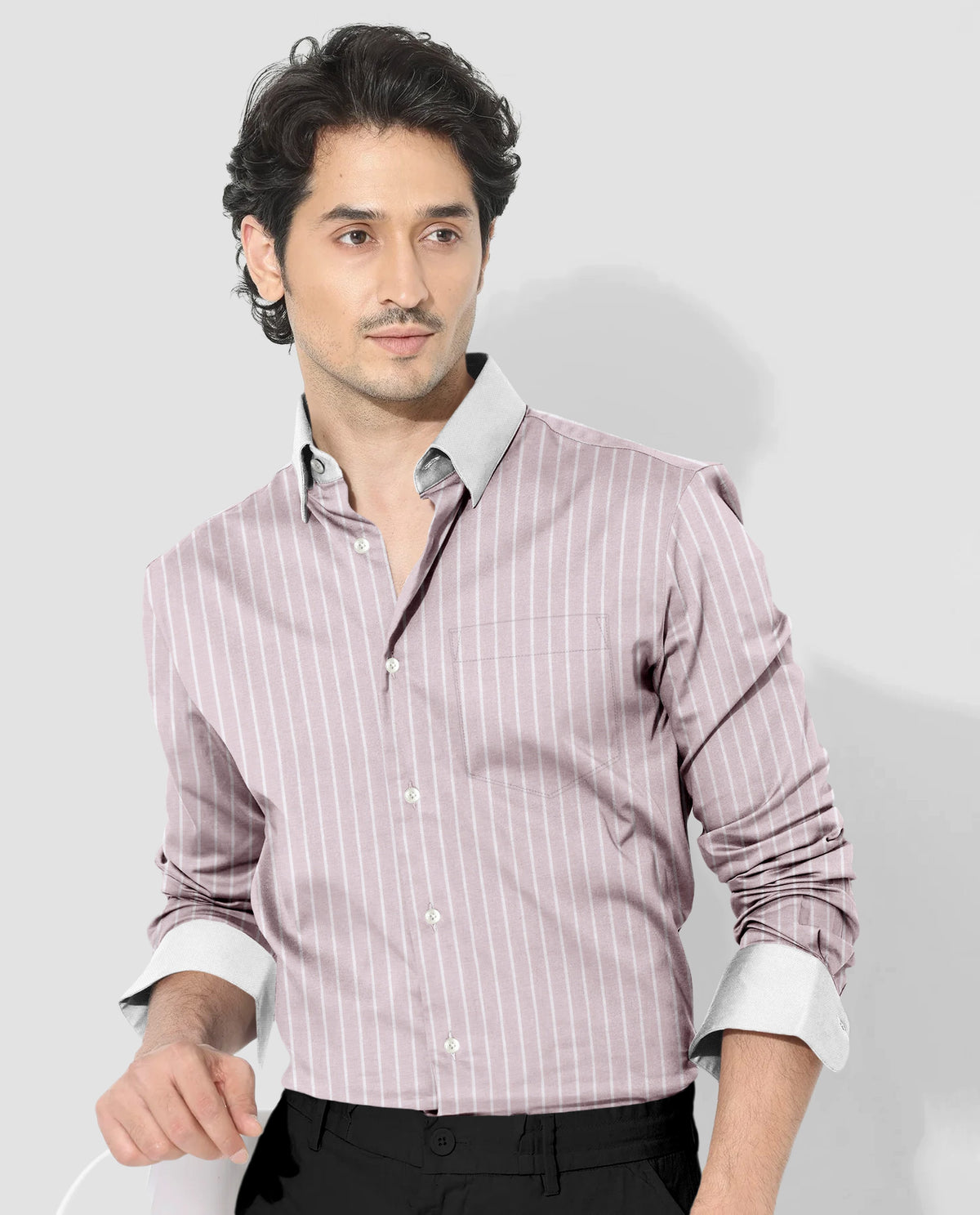 Blossom Pink and Flash White Chalk Stripes Oxford Designer Cotton Shirt