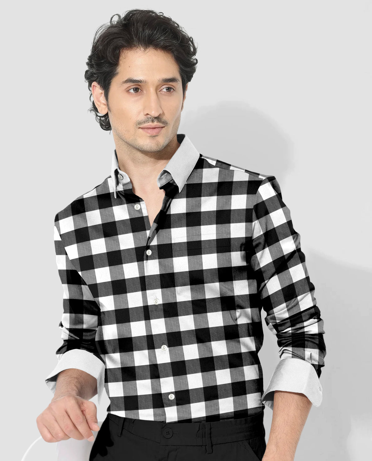 White and Carbon Black Buffalo Checks Designer Cotton Shirt