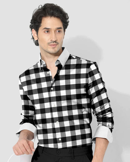 White and Carbon Black Buffalo Checks Designer Cotton Shirt