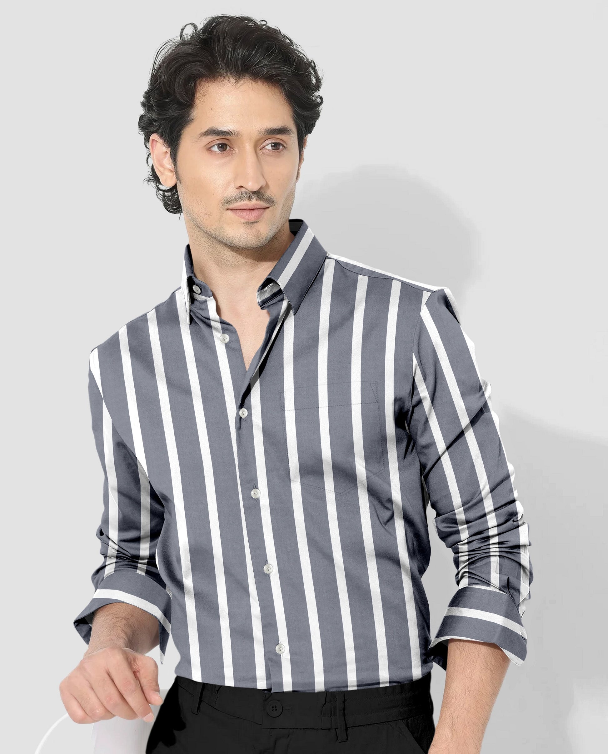Mirage Gray and White Wide Chalk Stripes Cotton Shirt
