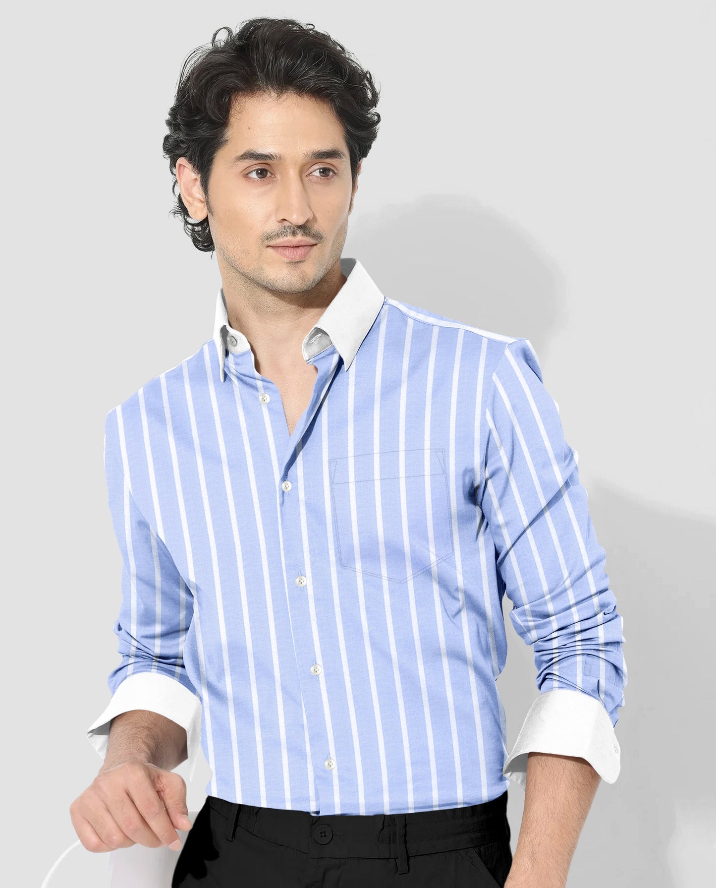 Brunnera Blue and Flash White Chalk Stripes Designer Oxford Cotton Shirt